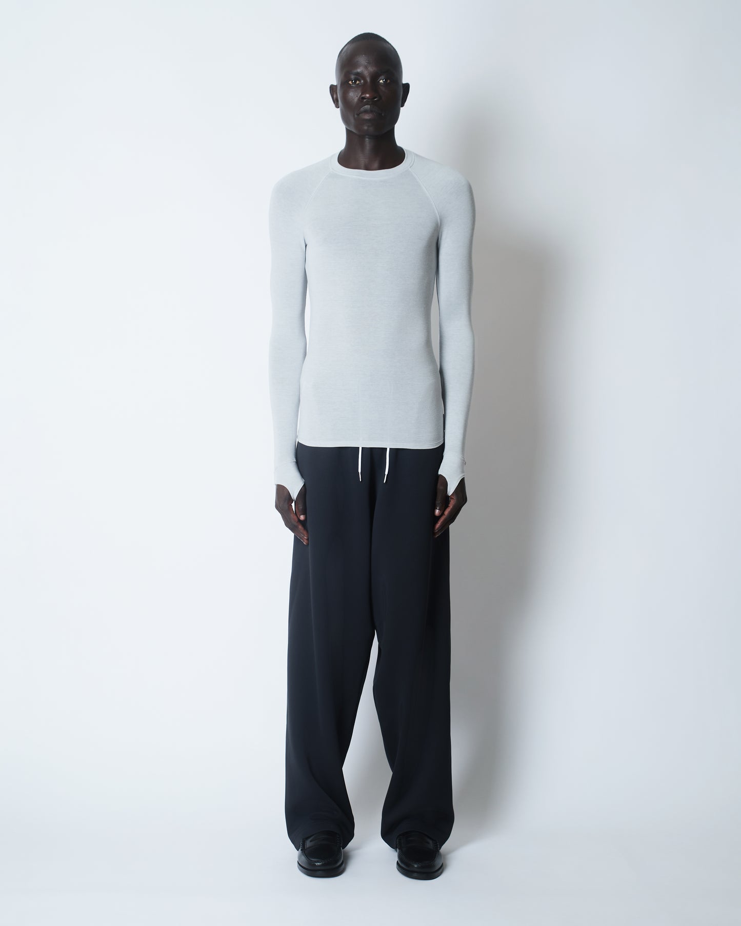 SHEER SNUG-FIT TENCEL/WOOL BLEND COMPRESSION TOP LIGHT-GREY MARL